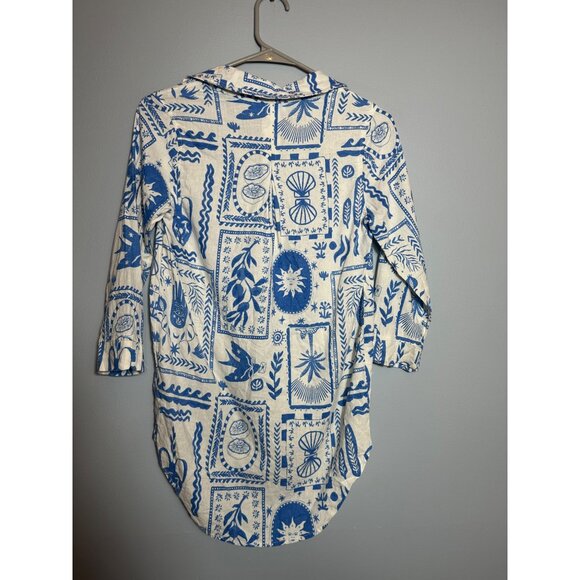 Calypso St Barth Blue White Boho Hippie Dove, Sun Button Down Long Sleeve Size X - Picture 5 of 5